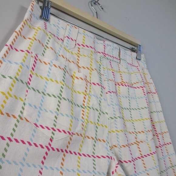 Modcloth Women's Wide Leg Pants 8 Ivory Linen Viscose Rainbow Plaid Preppy 306 - Picture 7 of 11